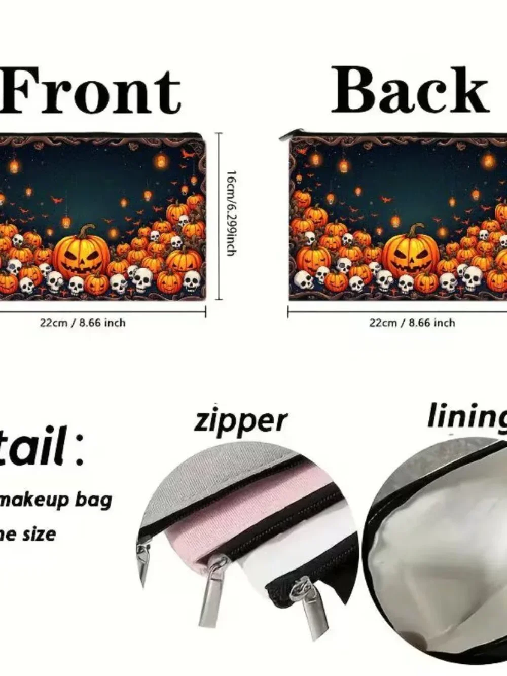 Halloween Goth Pumpkin, Bats & Skulls Makeup Bag Double-Sided 6.3